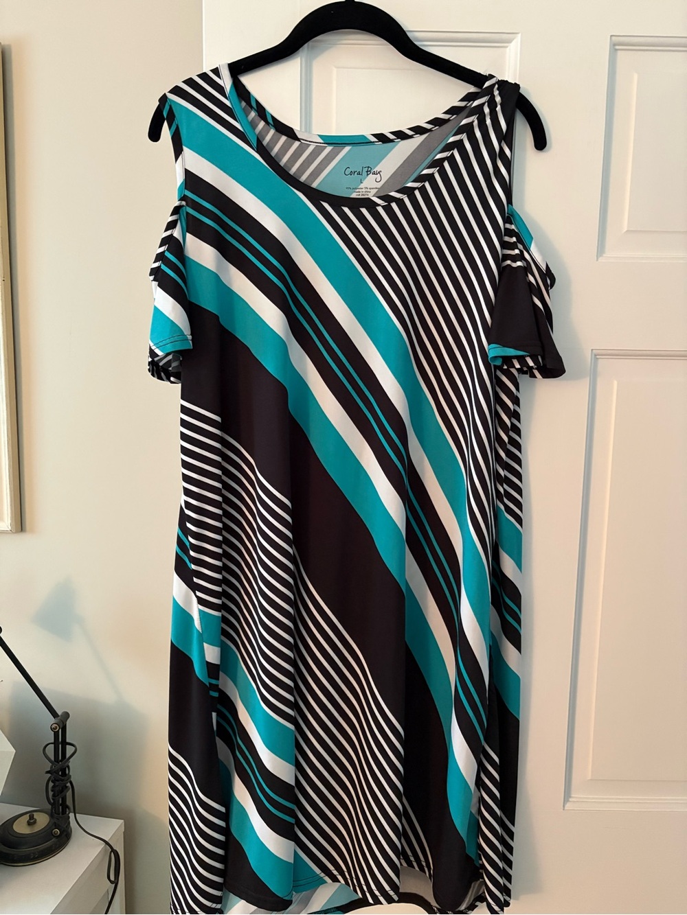 Coral Bay Teal, Black & White Striped Cold-Shoulder Dress